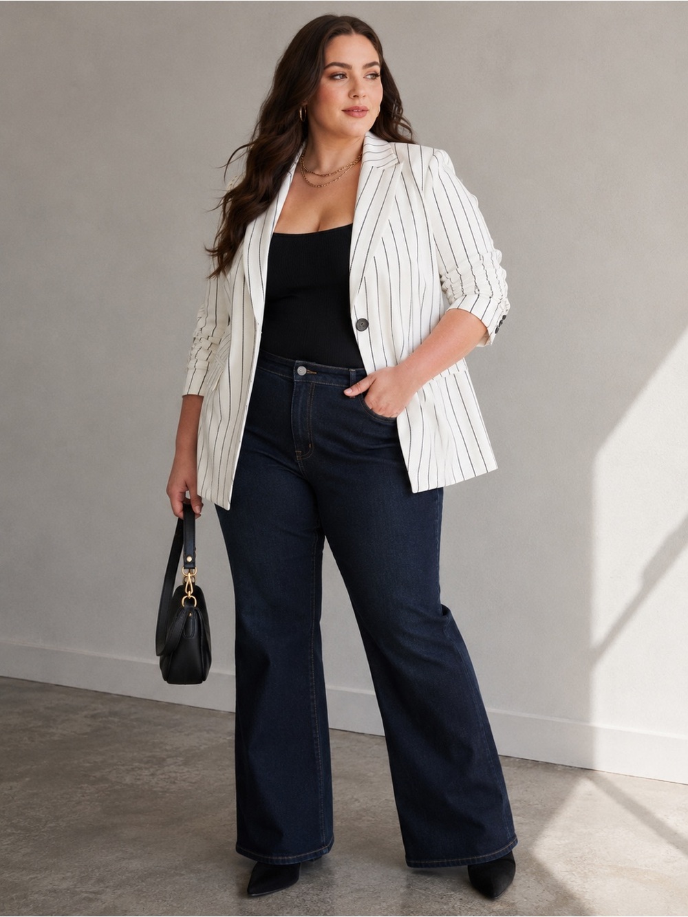 Torrid Off White Black Pinstripe One Button Plus Size Career Blazer Jacket